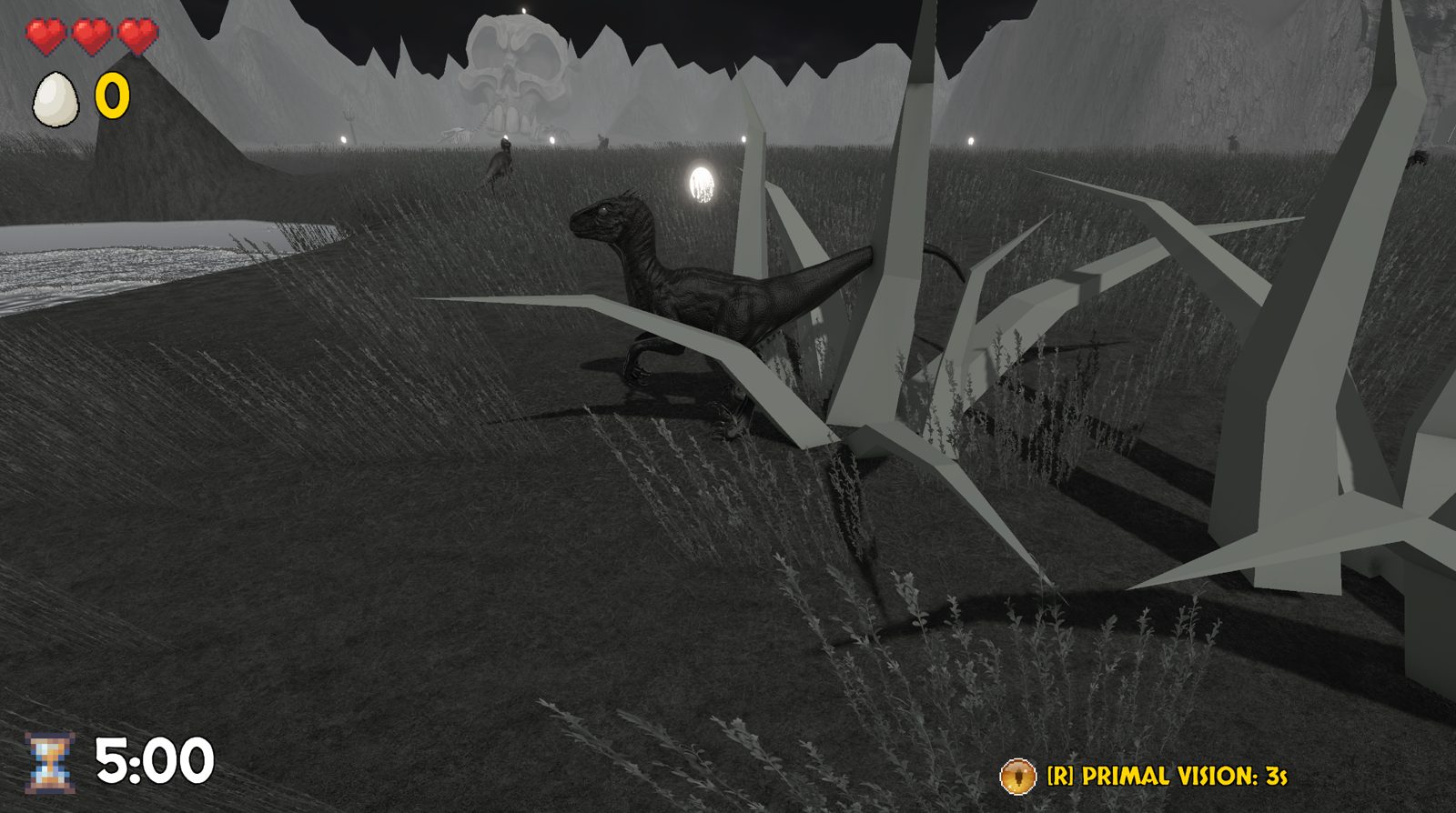 Pachy Patrol primal-vision view highlighting nearby eggs