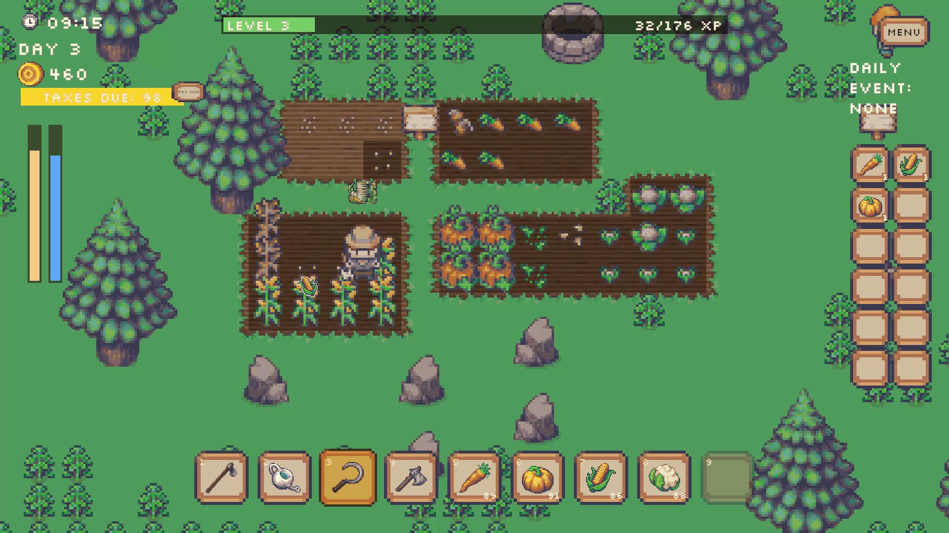 Rogue Farmer late-run farm with several plots of corn, pumpkins, and carrots under cultivation