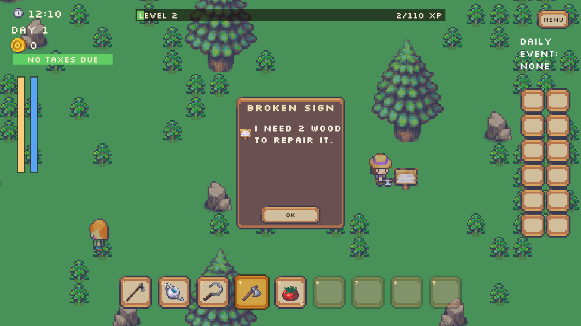 Rogue Farmer player repairing a sign in the environment