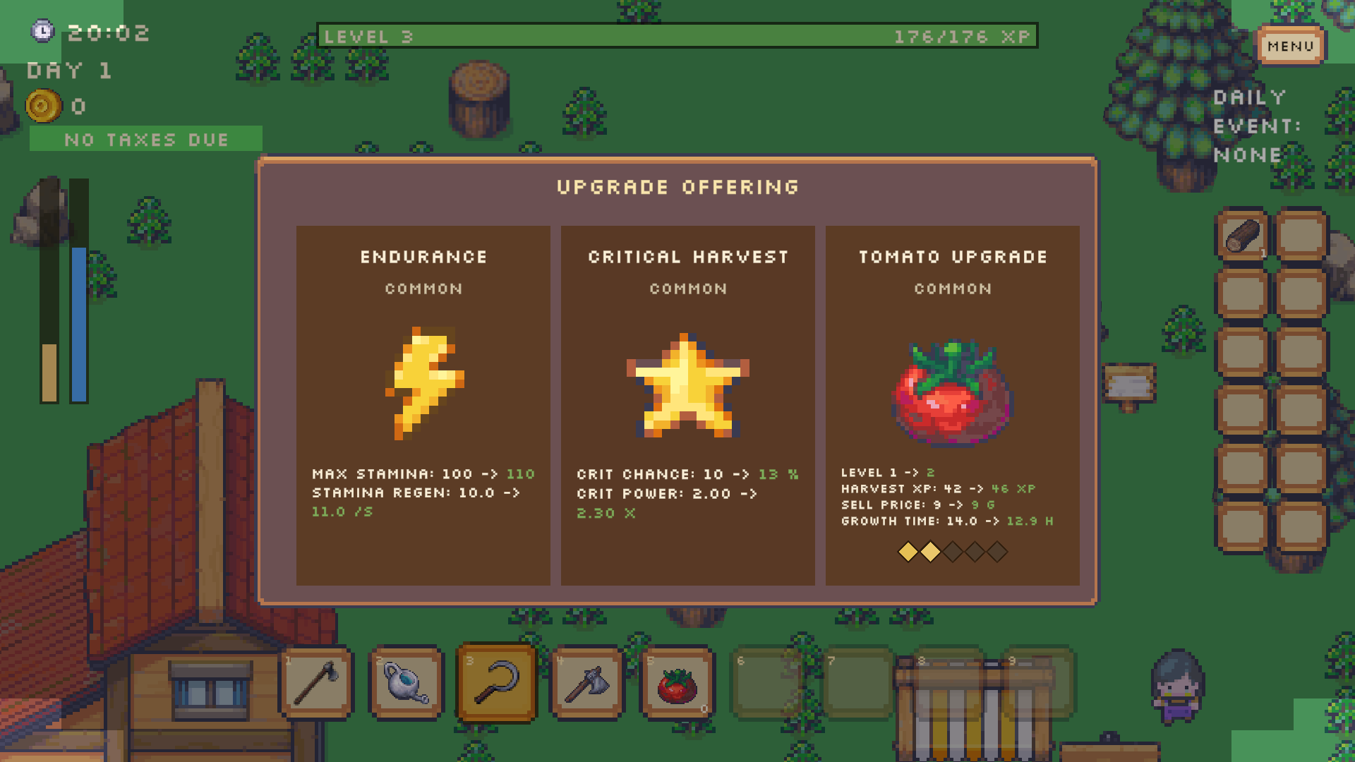 Rogue Farmer upgrade card selection screen shown on level up