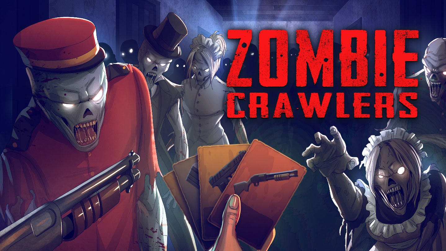 Zombie Crawlers key art of a zombie bellhop, maids, and a top-hatted guest in a mansion hallway, facing a hand of weapon cards